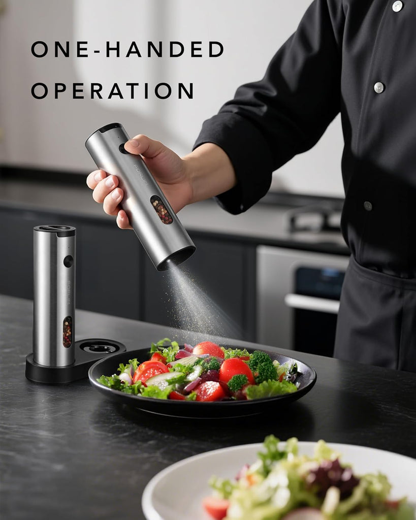 Electric Salt and Pepper Grinder Set Rechargeable, Auto Salt and Pepper Grinder set with Charging Base, Adjustable - Set of 2