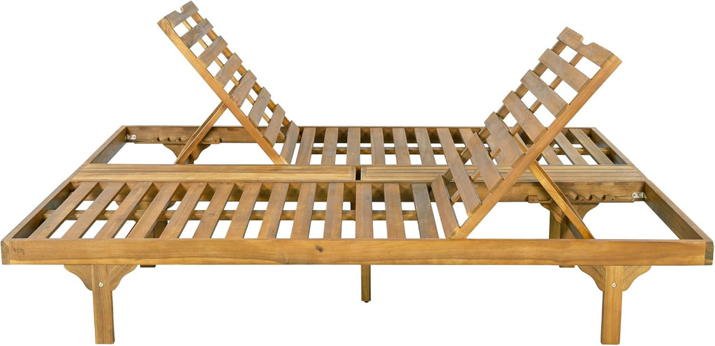 2-Person Outdoor Chaise Lounge Set with 3-Fold 4" Cushions, Acacia Wood Patio 5-Position Adjustable Reclining Sun