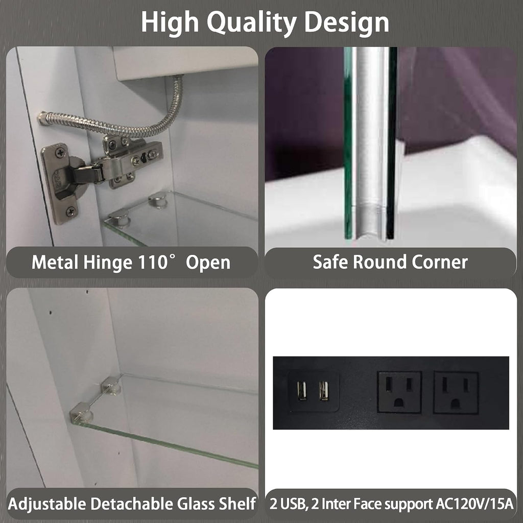 LED Medicine Cabinet with Mirror , Assembly-Free Lighted Medicine Cabinet, Defog, Stepless Dimming, 3 Colors, 2