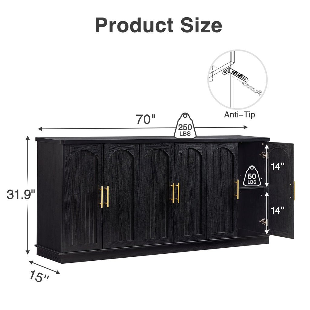 70" Modern Buffet Cabinet with 6 Doors Storage (Black)