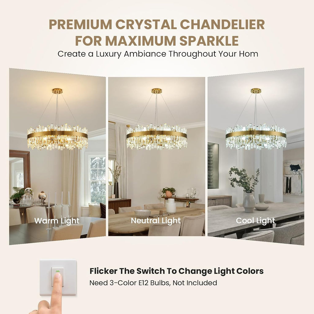 16-Light Modern Crystal Chandelier, Large Gold Round 2-Tiers K9 Crystal Chandelier, Luxury Flush Mount Crystal