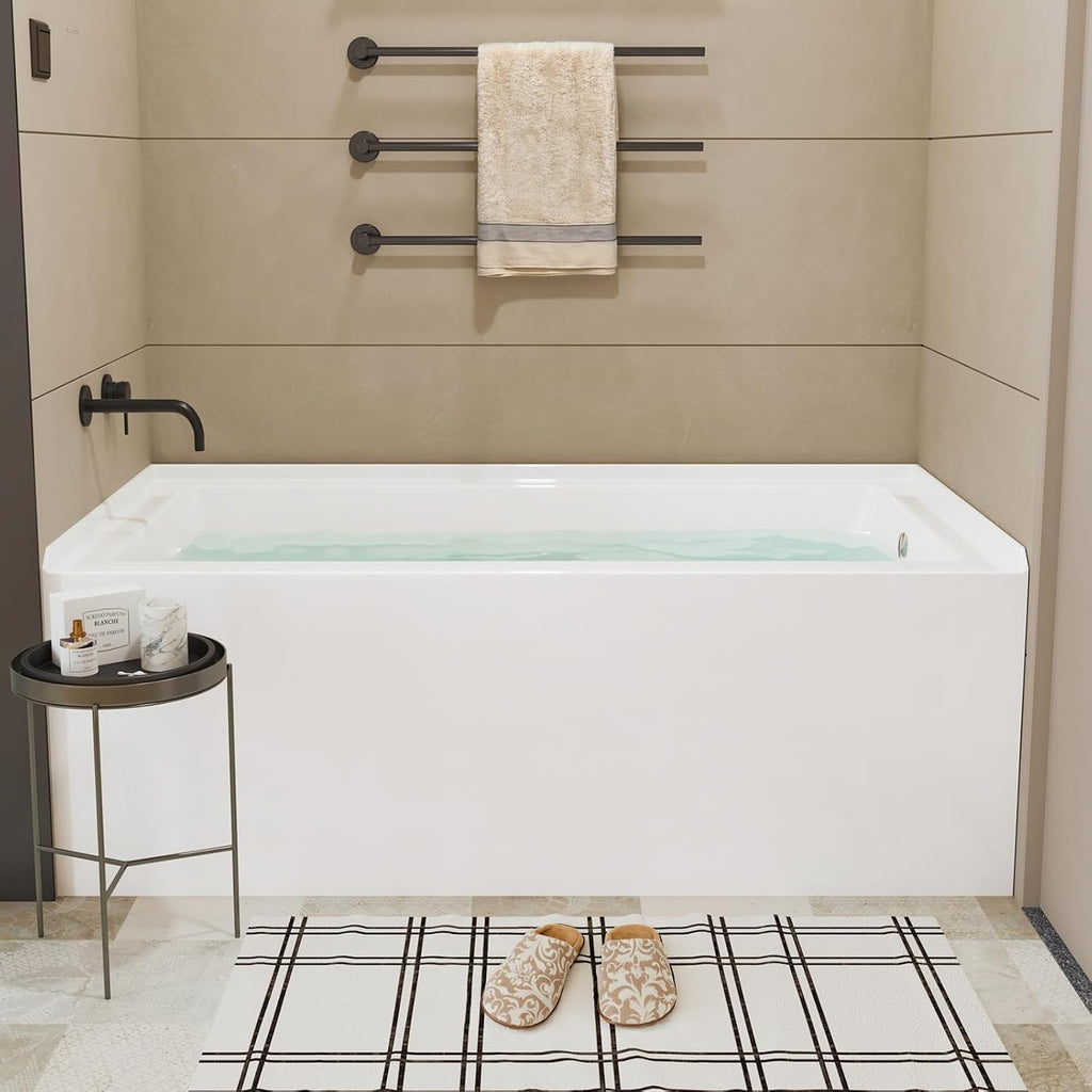 60 Inch Alcove Soaking Bathtub, Rectangular Acrylic Tub with Integral Apron, Left Drain, Glossy White Finish, Brushed