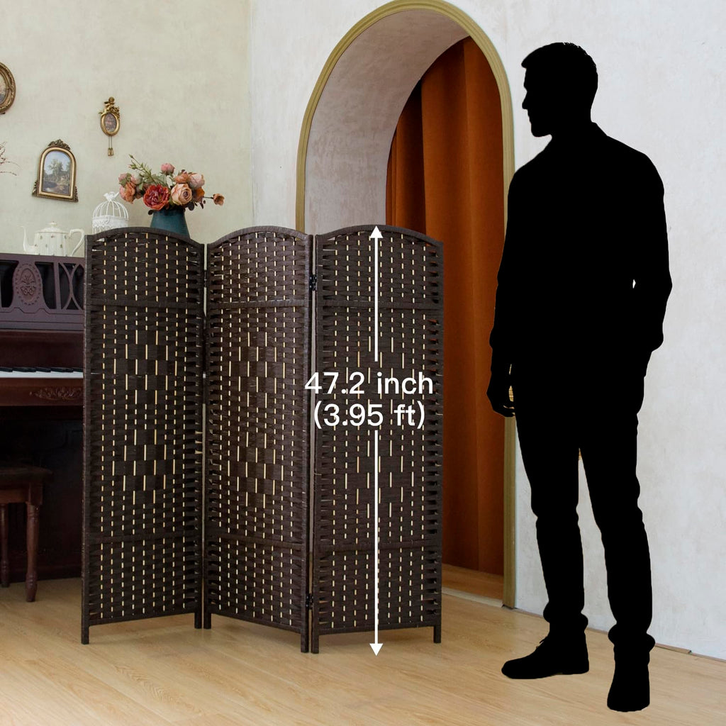 Compact 3 Panel Short Room Divider, 47.2 Inch Tall Double-Sided Rattan Folding Privacy Screen, Dark Brown