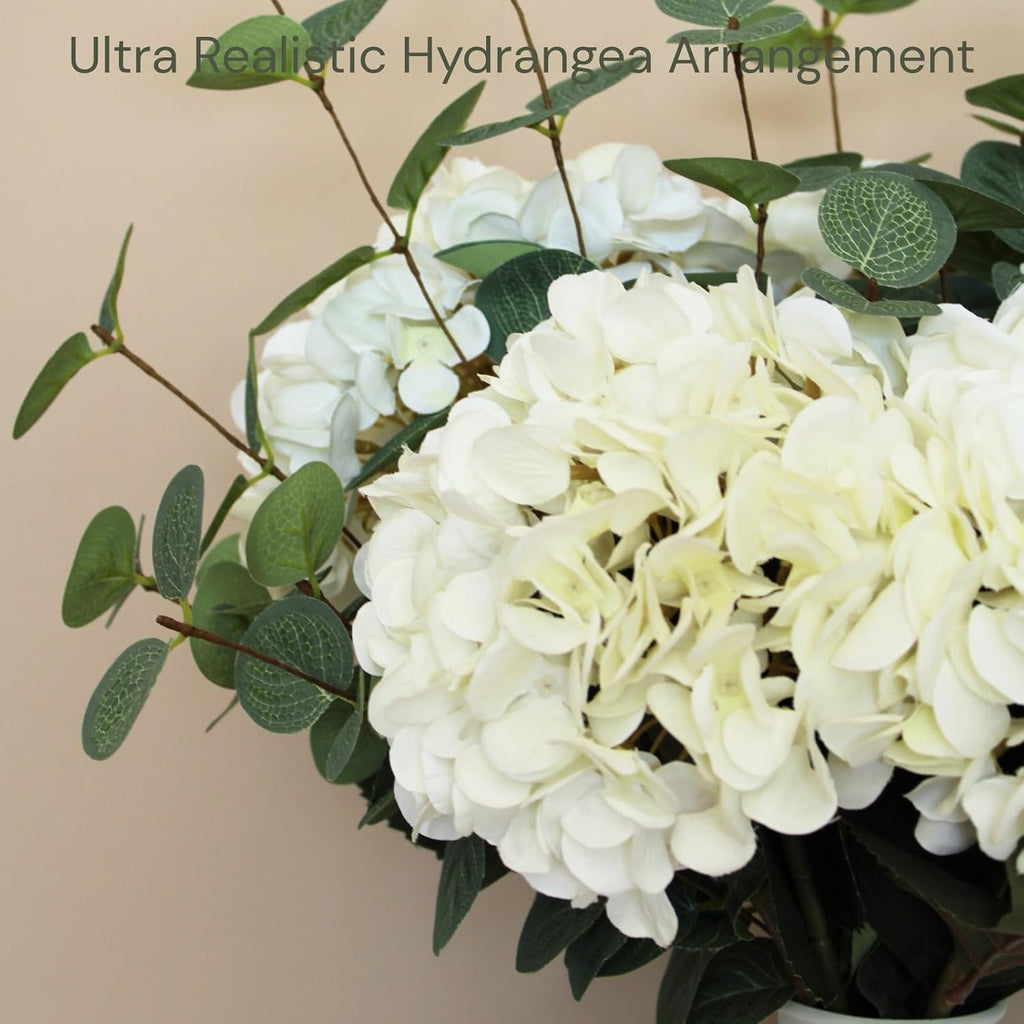 Real Touch White Faux Hydrangea And Eucalyptus Arrangement, Faux Floral Arrangements, Hyper Realistic Artificial - Set of 8