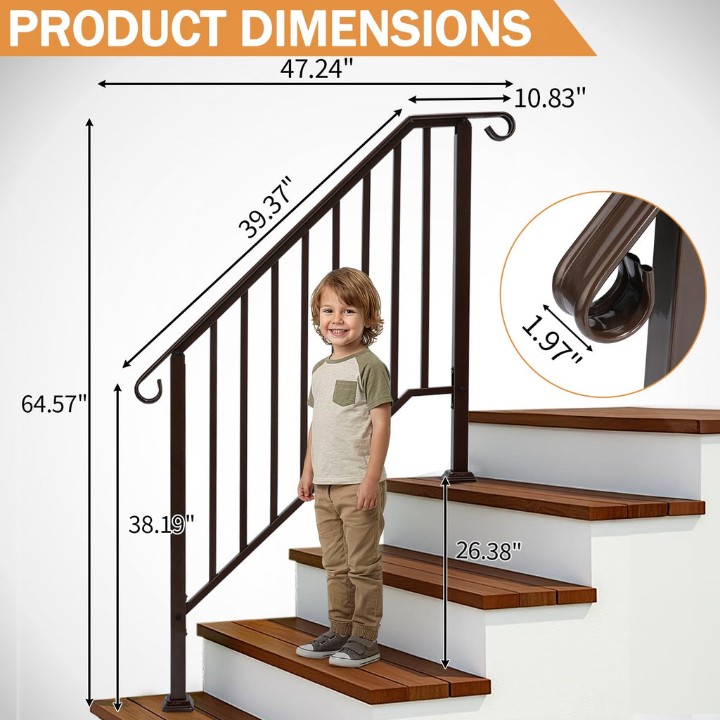 Handrails for Outdoor Steps, Wrought Iron Handrail Fits 3 or 4 Steps, Transitional Handrail with Installation Kit &
