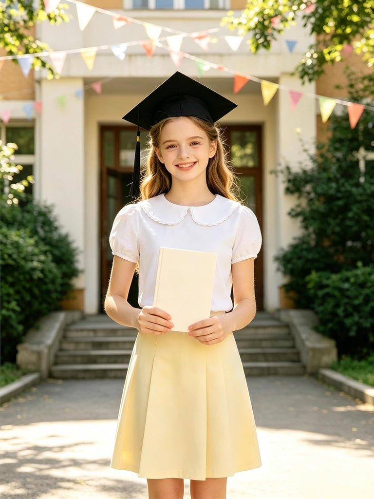 Girls Peter Pan Collar Blouse Kids Short Sleeve School Shirt
