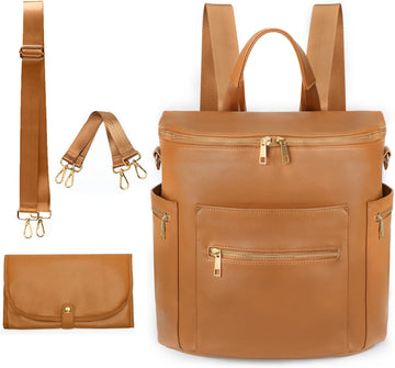 Diaper bag, Leather Diaper Bag Backpack by, Diaper Backpack with Laptop Sleeve,Changing Pad,Wipes Pouch,Stroller