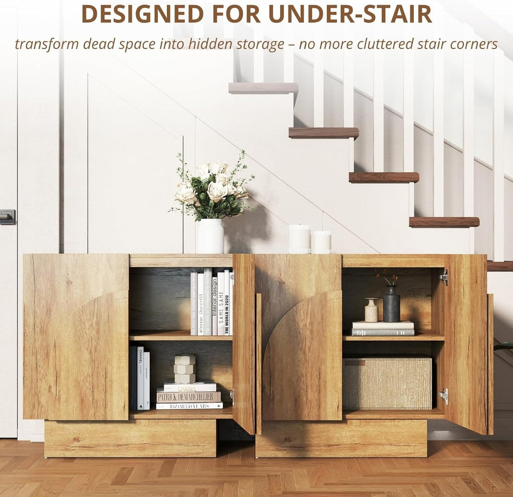 Natural Sideboard Buffet Cabinets with Storage, Modern Coffee Bar Cabinets Credenza with Arched Doors, Farmhouse