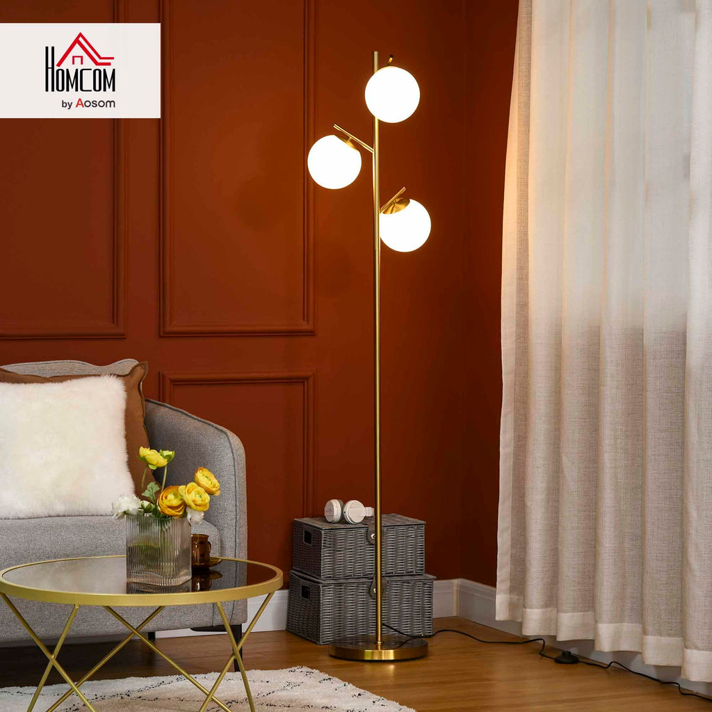3-Light Modern Floor Lamp, Globe Lampshades, Bright Lighting, Gold