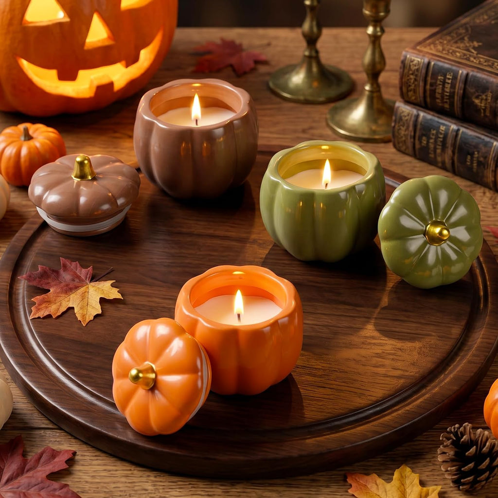 Fall Ceramic Pumpkin Candle Gift Set, Autumn Scented Candle, 14.4oz Soy Wax Pumpkin Jar Candles, Thanksgiving - Set of 3