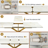 63"-79" Extendable Dining Table for 6-10 People, Modern Rectangle Extendable Kitchen Table with Gold Faux Marble
