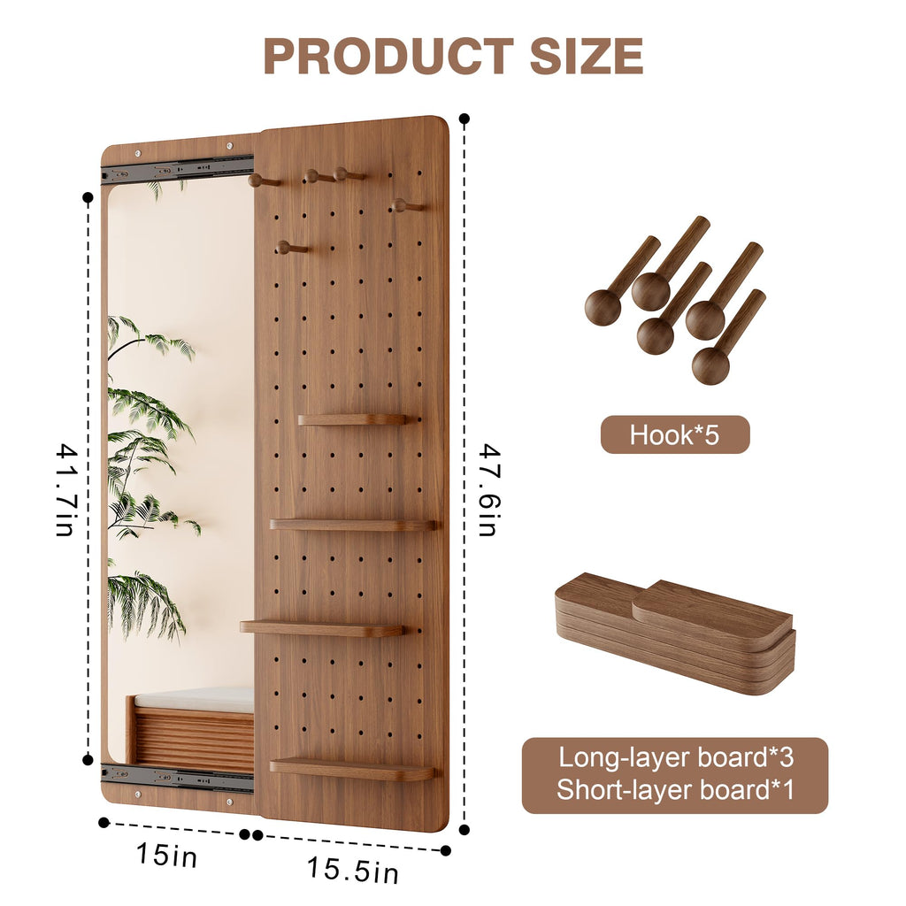 Wood Pegboard with Full Length Mirror Wall Mounted, Entryway Hanging Sliding Mirror with Adjustable Hooks and Shelf