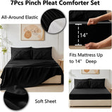 Queen Comforter Set Black, 7 Pieces Pintuck Bed in A Bag, Premium Black Comforter Queen