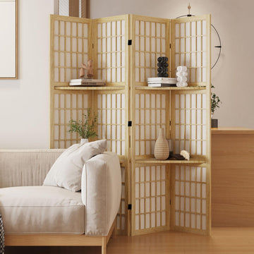 Room Divider with Shelves, 66.9-Inch Tall Japanese Shoji Style Wood Screen with Double Hinges Bedroom Hotel