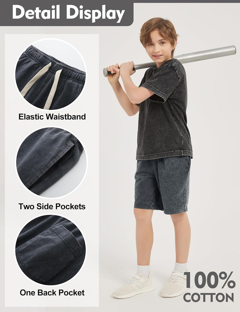 Boys Shorts Cotton Acid Washed Summer Athletic Jogger Shorts Unisex Kids Casual Loose Active Shorts with Pockets