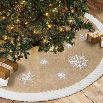 48inch Christmas Tree Skirt with White Snowflake, Burlap Tree Skirt with Fur Sides Farmhouse Christmas Tree Skirts
