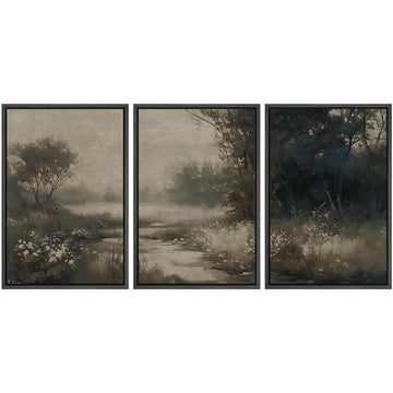 Framed Wall Art Print Set Vintage Landscape Subtle Forest and River in Earthy Tones Illustrations Modern Art Boho