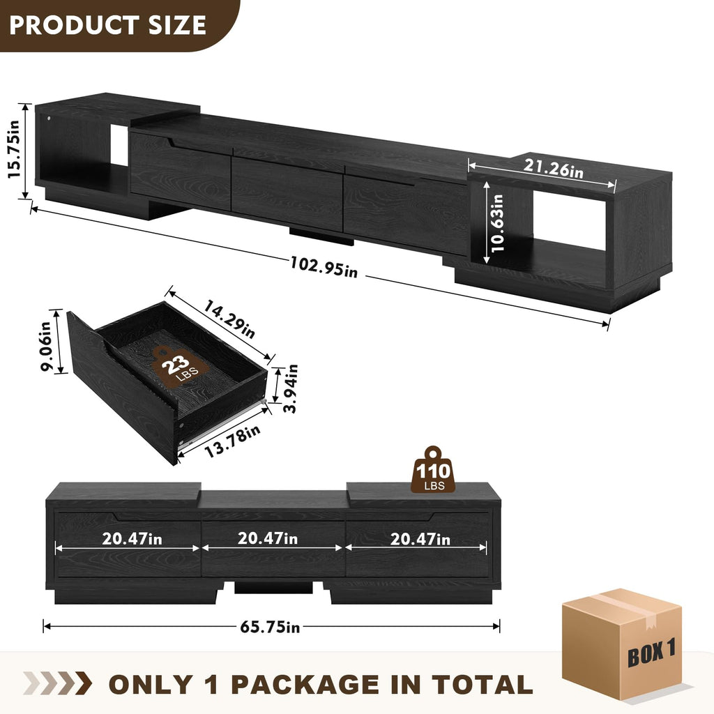 Extendable TV Stand for Up to 120 Inch TV, Modern Entertainment Center with 3 Drawers & 2 Storage Compartments