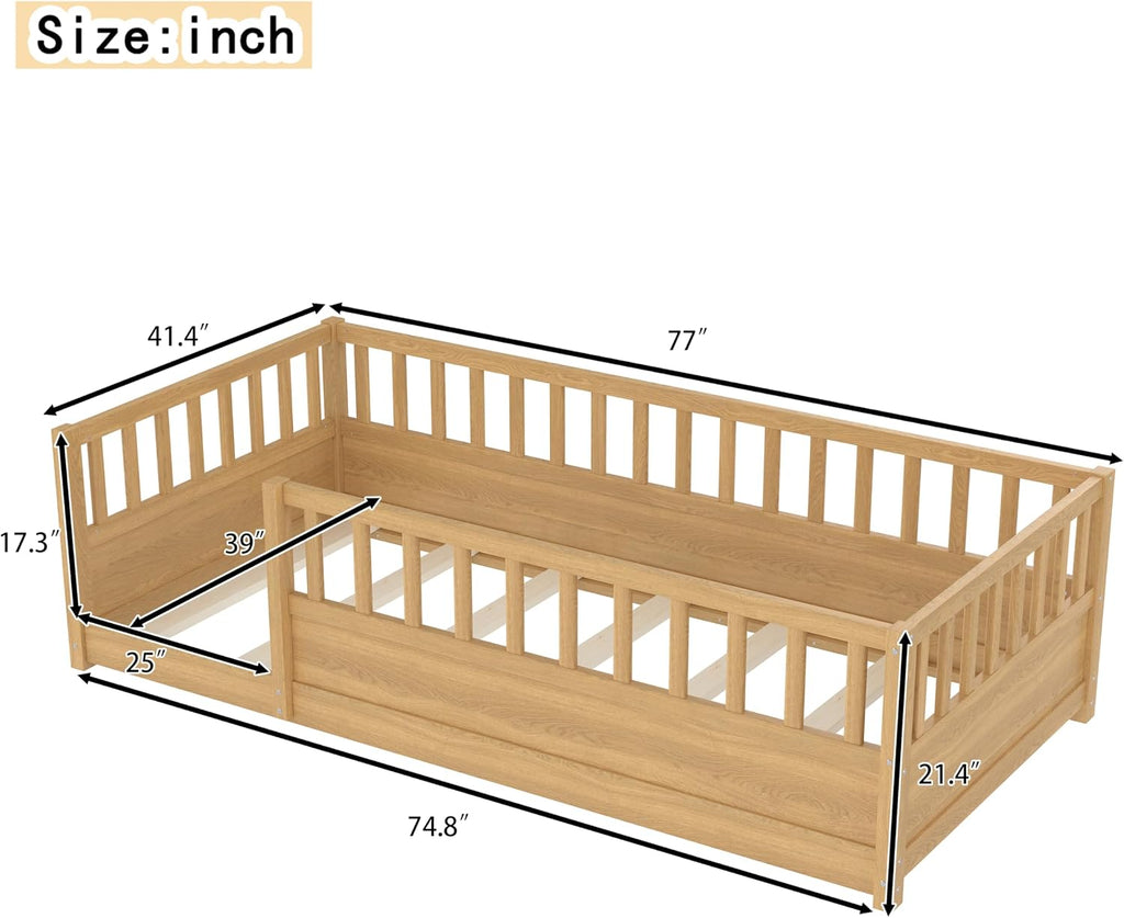 Floor Bed with Slats and High Guardrail, Montessori Floor Bed with Fence, Easy Assemble