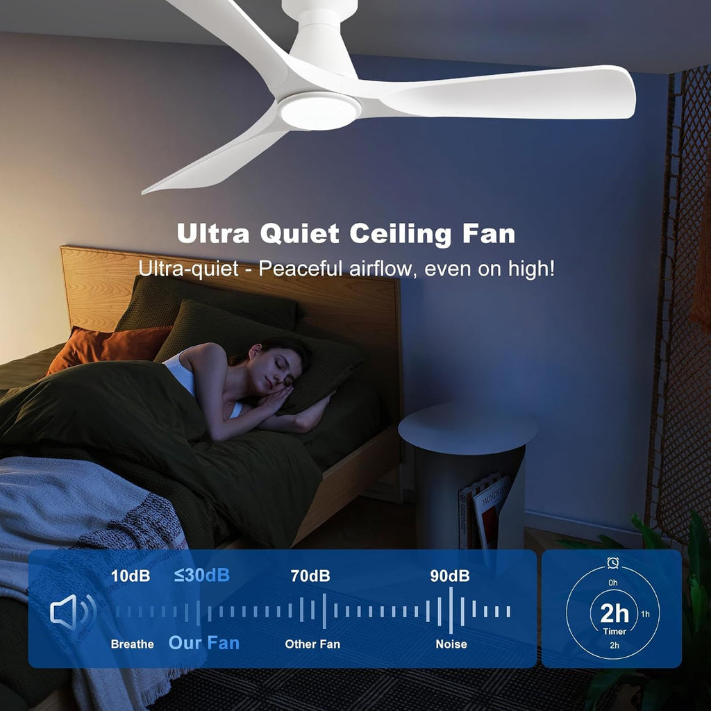 52-Inch Ceiling Fans with Lights: White 3 Blade Flush Mount Low Profile Ceiling Fan - Dimmable Indoor Outdoor Fan