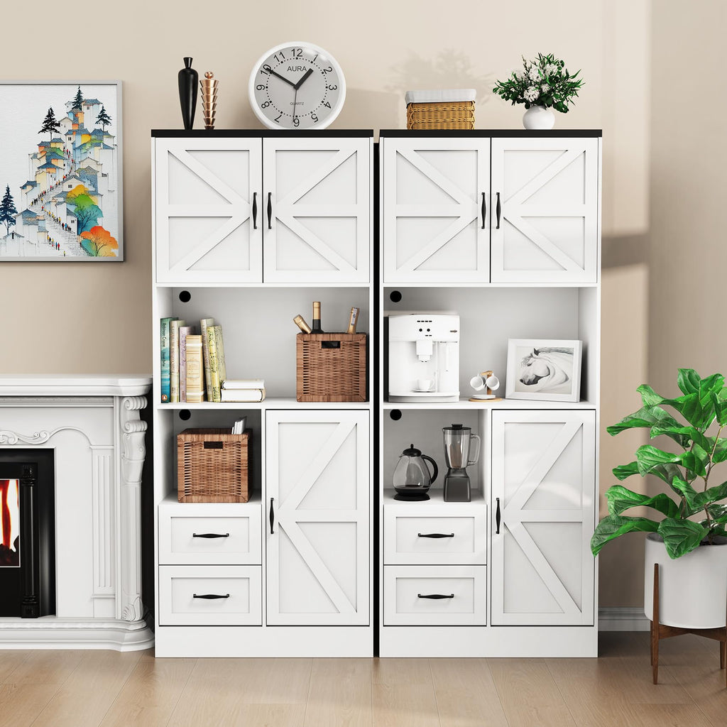 Farmhouse Kitchen Pantry Cabinet with LED Lights and Power Strip, Tall Kitchen Storage Cabinet, Kitchen Hutch with