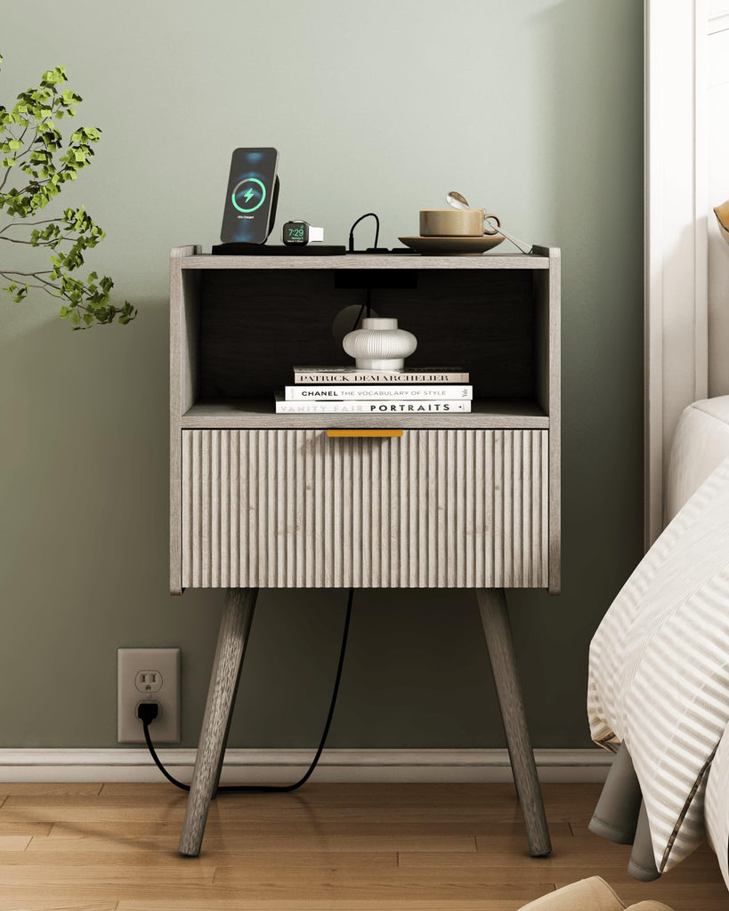 Nightstand with Outlet, Modern Bedside Table with Storage Drawer and Open Wood Shelf, and Small Spaces, Accent Night