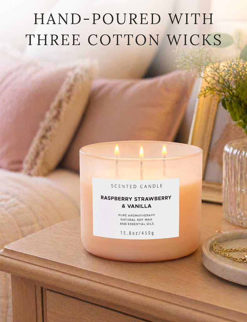 Raspberry Strawberry Vanilla Candle, 3-Wick Scented Soy Candle, 15.8 oz - Set of 158
