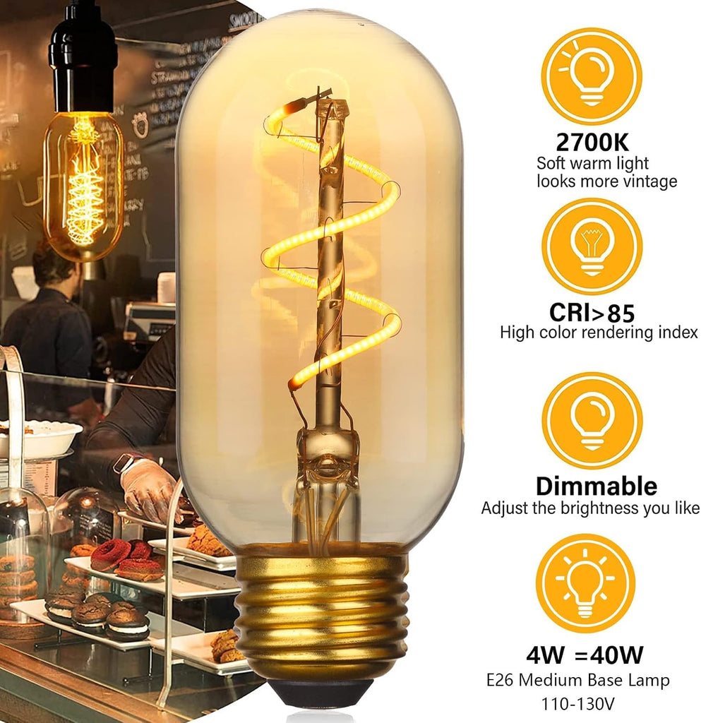 4 Pack T45/T14 LED Light Bulbs, 4W 2700k 550Lm Vintage Edison Bulbs 40 Watt Equivalent, Amber Tube Bulbs Warm