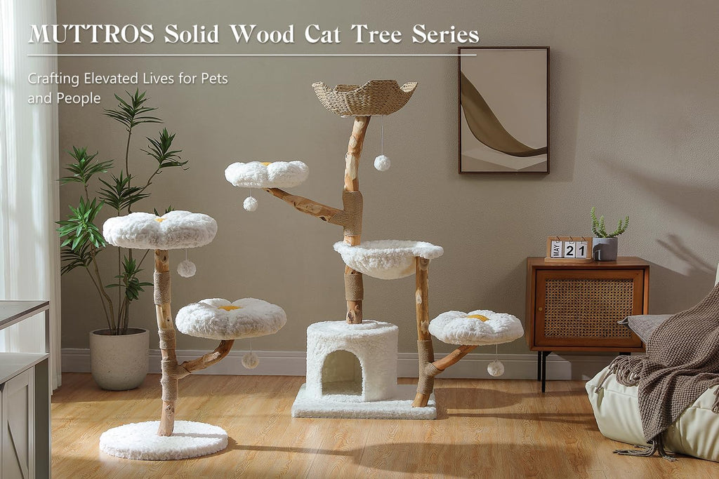 Wood Flower Cat Tree, Modern Cat Tower with Real Wood Branches, Luxury Boho Furniture with Scratching Post and 2