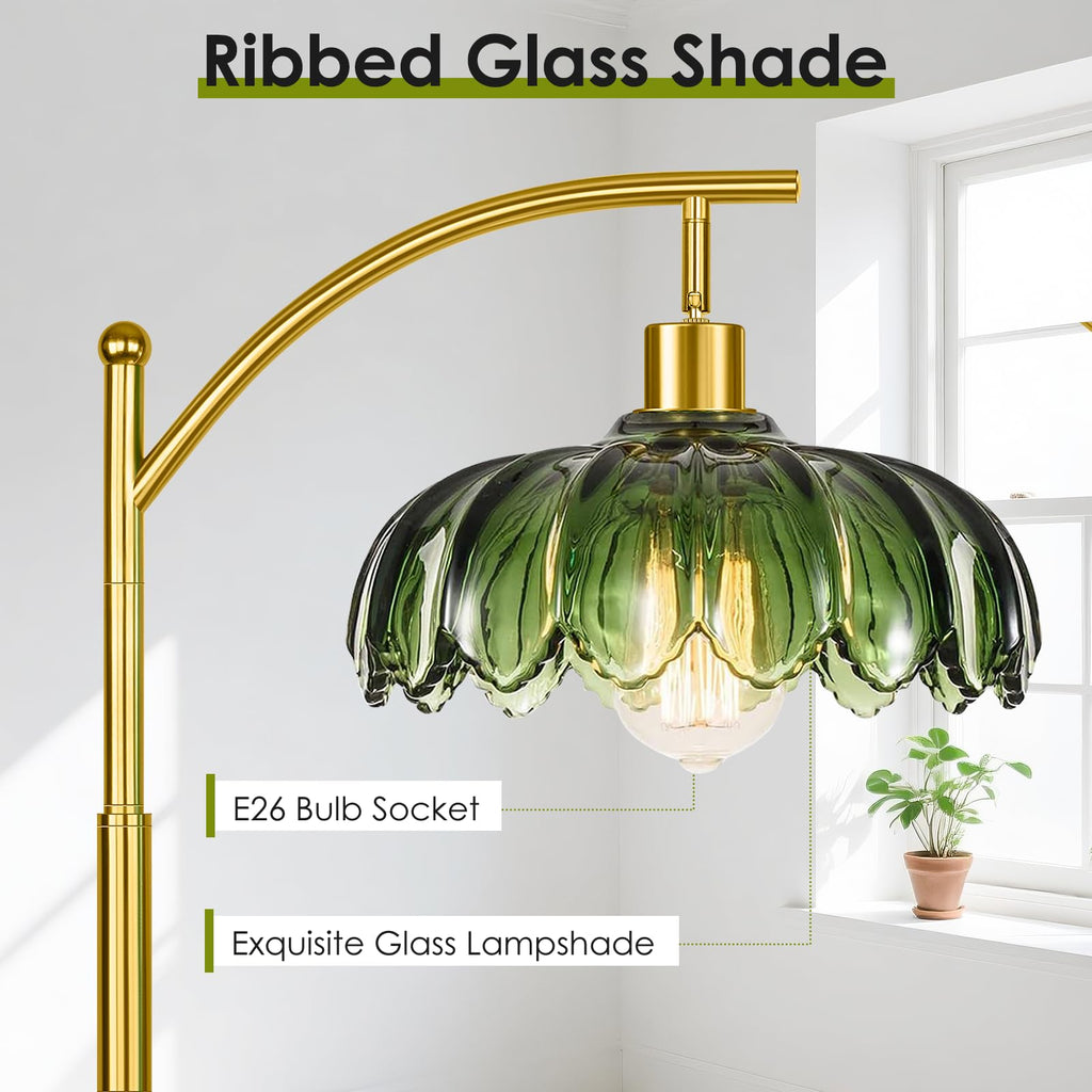 Gold Floor Lamp with Remote Control, Unique Vintage Standing Tall Lamp, Mid Century Modern Floor Lamps Arc Green Glass