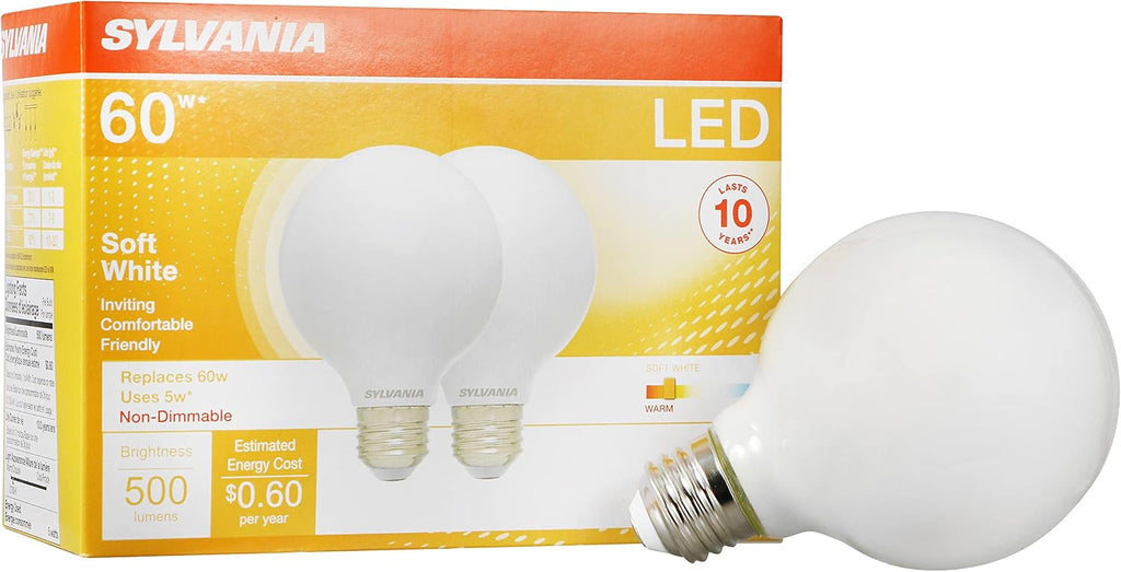 G25 Globe Décor LED Light Bulb, 60W Equivalent Efficient 5W, 10 Year, Non-Dimmable, 500 Lumens, 2700K, Soft White