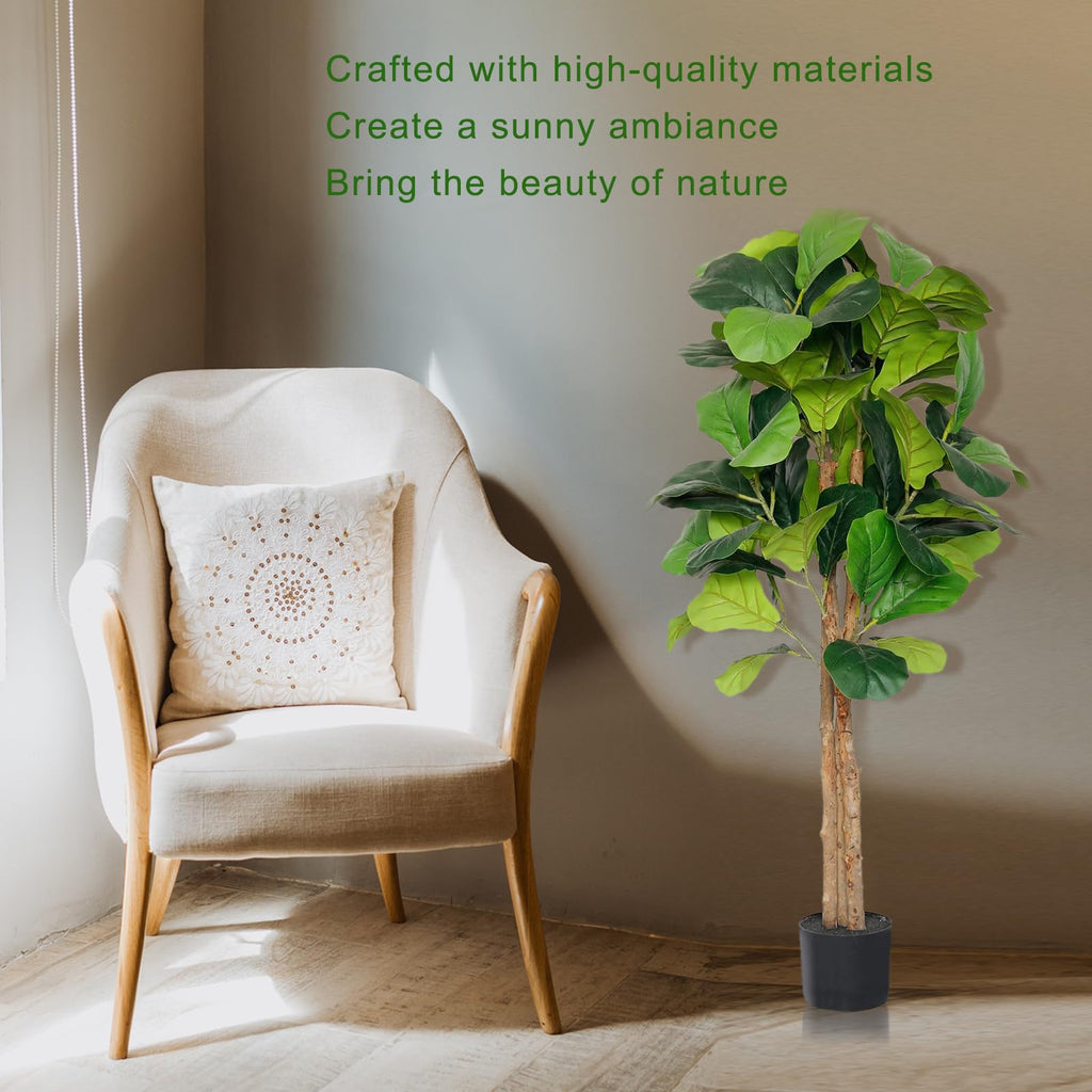 4ft Fiddle Fig Tree Artificial, Faux Fig Tree w/ 75 Leaves & 3 Trunks, Fake Ficus Lyrata Plant Real Touch Technology