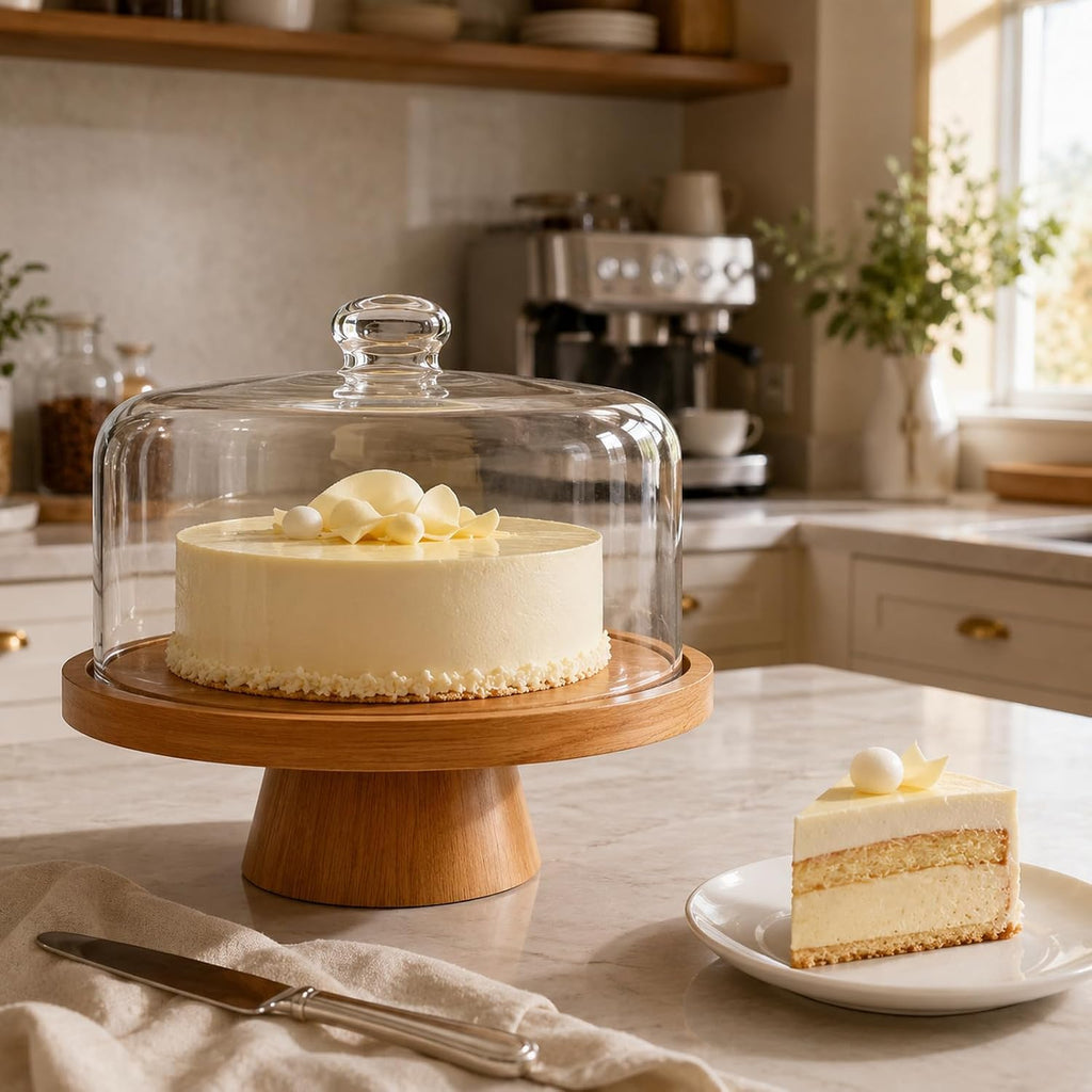 Cake Stand with Glass Lid, 11" Magnetic Bamboo Base for Parties & Kitchen