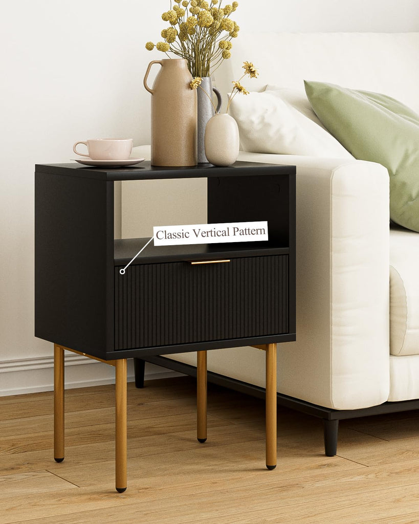 Nightstand, Mid-Century Modern Bedside Table with Storage Drawer and Open Wood Shelf, Small Gold Frame Side Table, Black