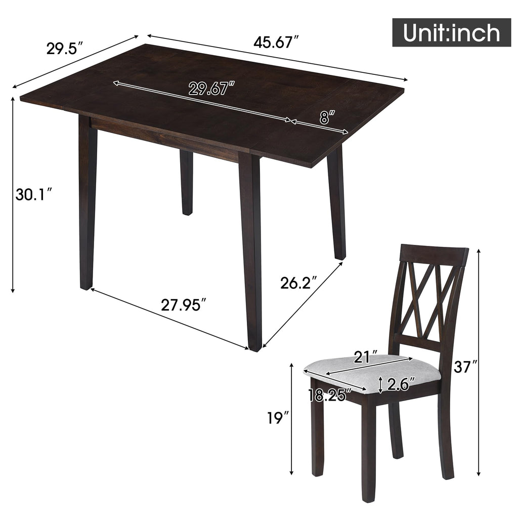 5-Piece Wood Drop Leaf Dining Table Set with 4 X-Back Chairs, Space-Saving Breakfast Nook Dining Set, Espresso + Grey