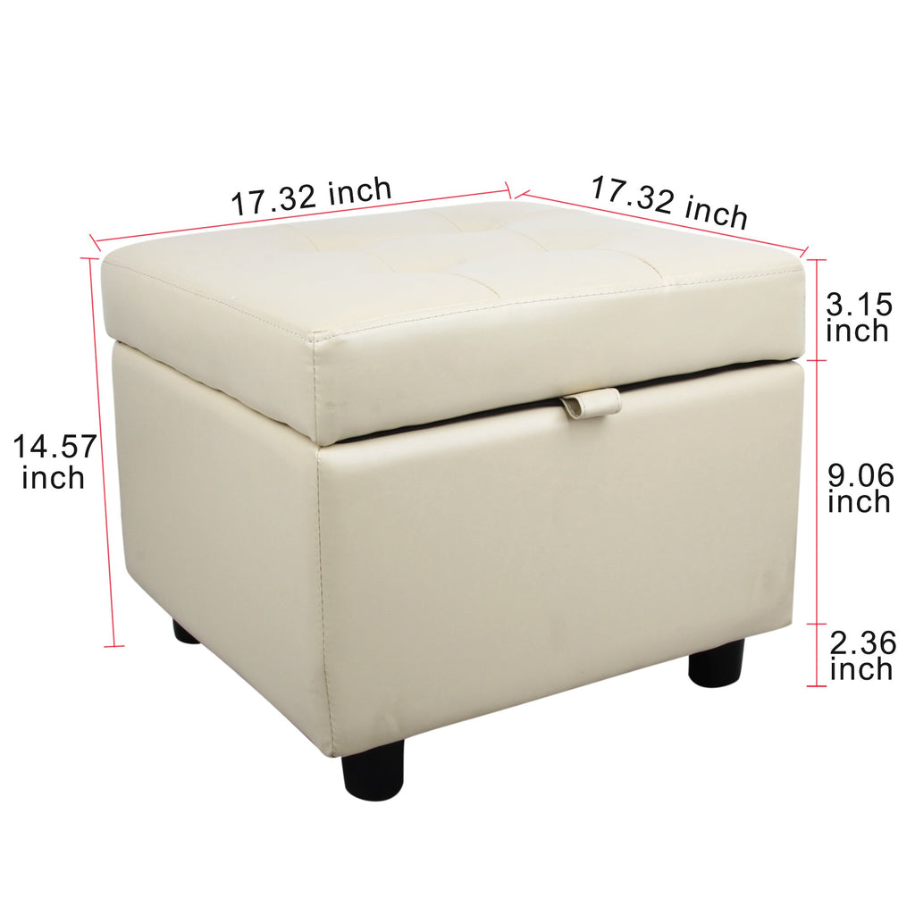 Tufted Leather Square Flip Top Storage Ottoman Cube Foot Rest (Cream with Storage)