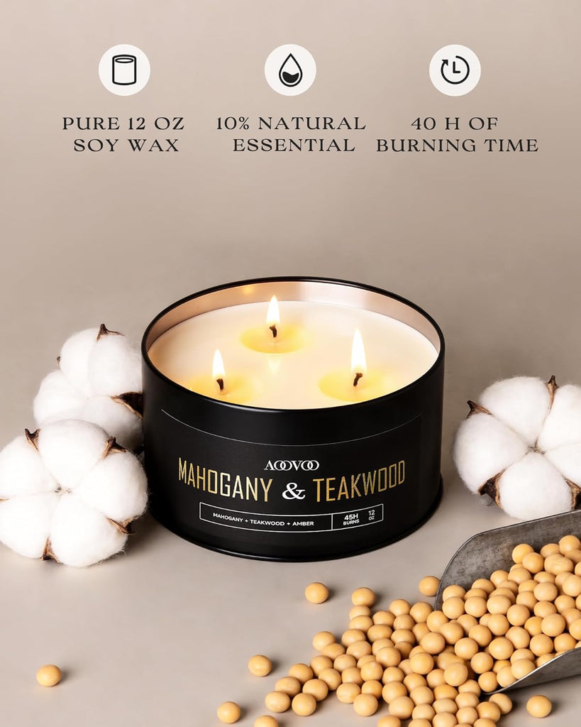 Mahogany Teakwood Candles for Men - 3 Wick 12oz Black Scented Candle - Set of 12