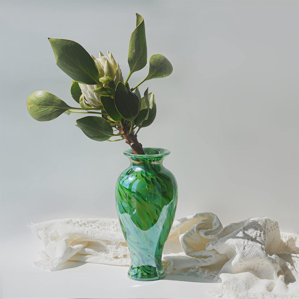 Hand Blown Green Classic Vase Decor, 11.5Inch Glass Flower Vase
