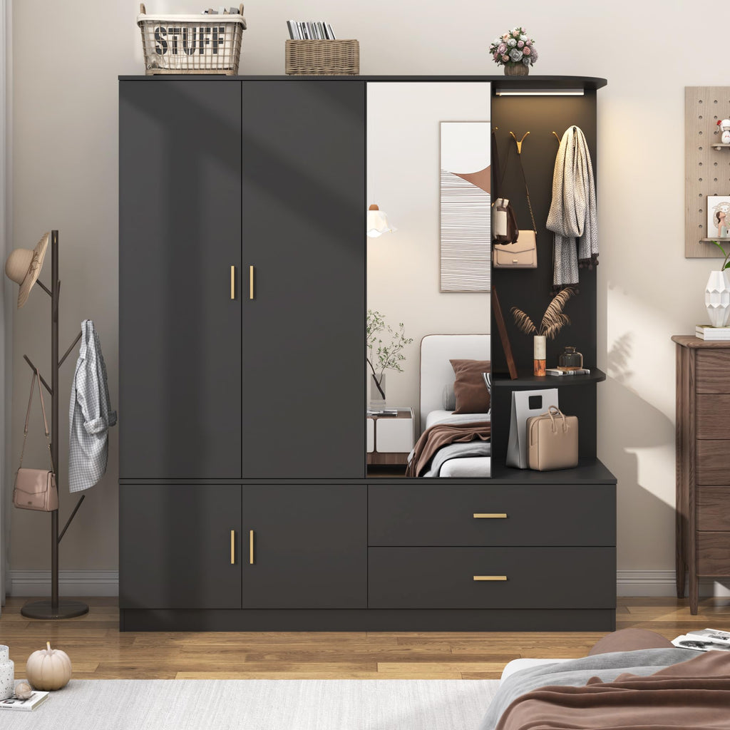 Armoire Wardrobe Closet with Mirror & Sensor Light, Bedroom Armoire with 5 Doors & 2 Drawers, Modern Wooden Large