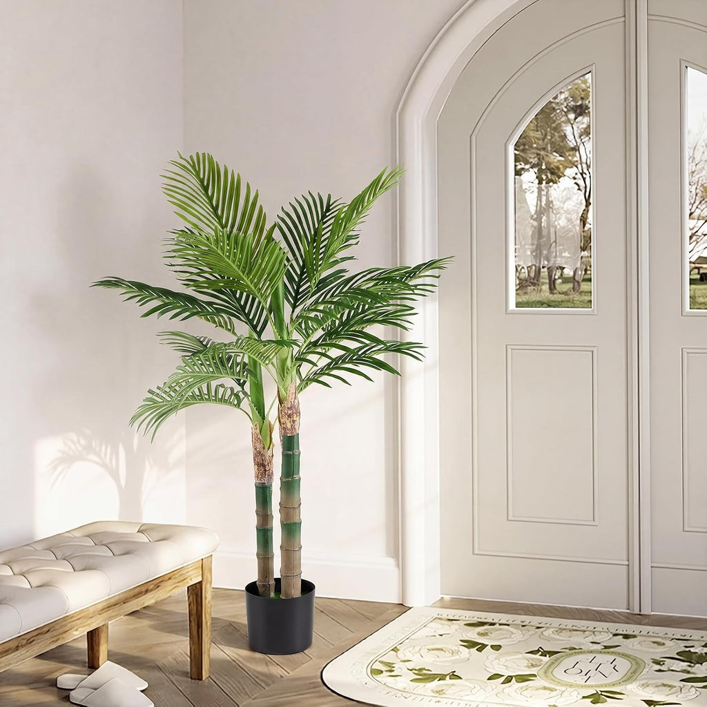 47in Artificial Palm Tree, Realistic Faux Indoor Floor Plant with Lifelike Leaves and Black Planter Pot, Maintenance