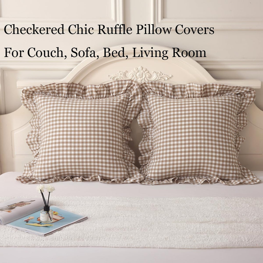 2 Pack Taupe/White Plaid Ruffle Throw Pillow Covers 24"x24"