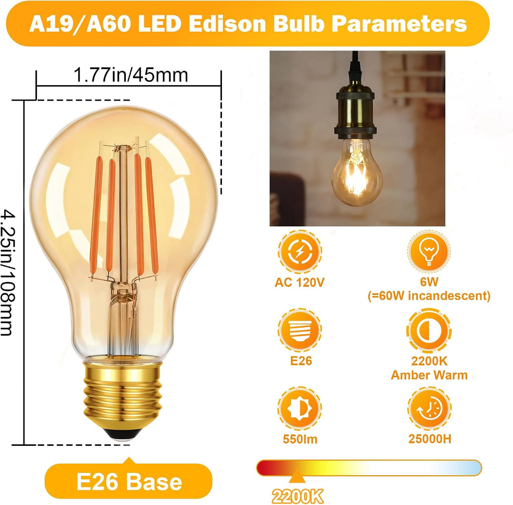 A19 Dimmable LED Edison Bulbs, 6W (60W Eq), E26, 2200K Amber, 2Pack