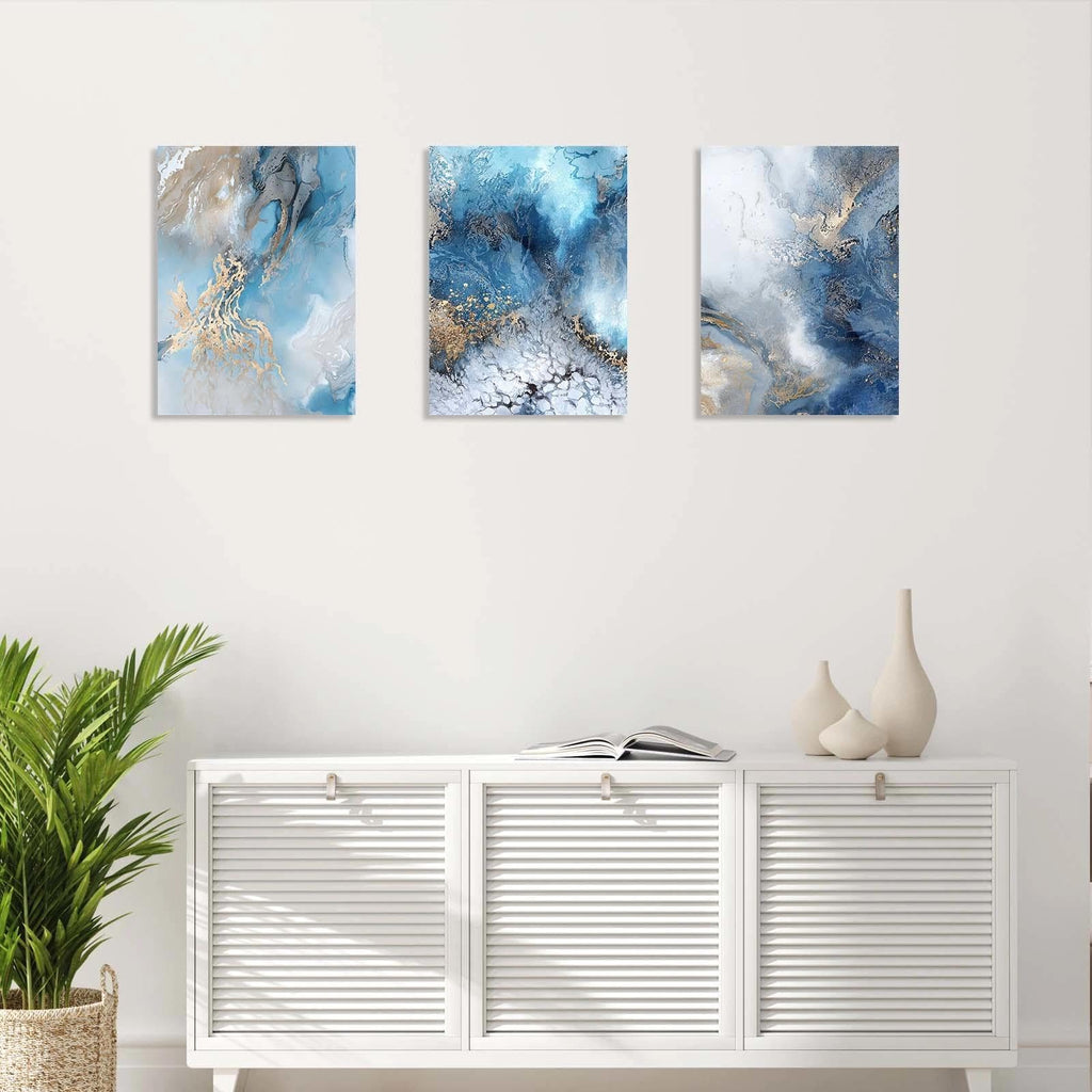 3 Piece Canvas Wall Art, Modern Abstract Blue and Gold Marble Ink Framed Wall Decor Bedroom Office, 12x16 Inch, with