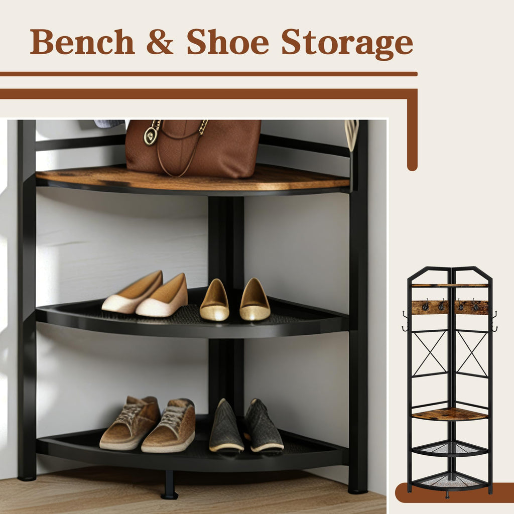 Corner Coat Rack with Storage, Entryway Hall Tree with Shoe Rack and Hooks, Freestanding Clothes Rack Corner Shelf