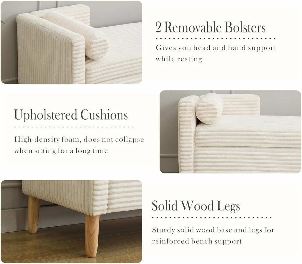 65.35" W End of Bed Bench King Size, Upholstered Large Storage Ottoman Bench with Bolster Pillows & Armrest, Window