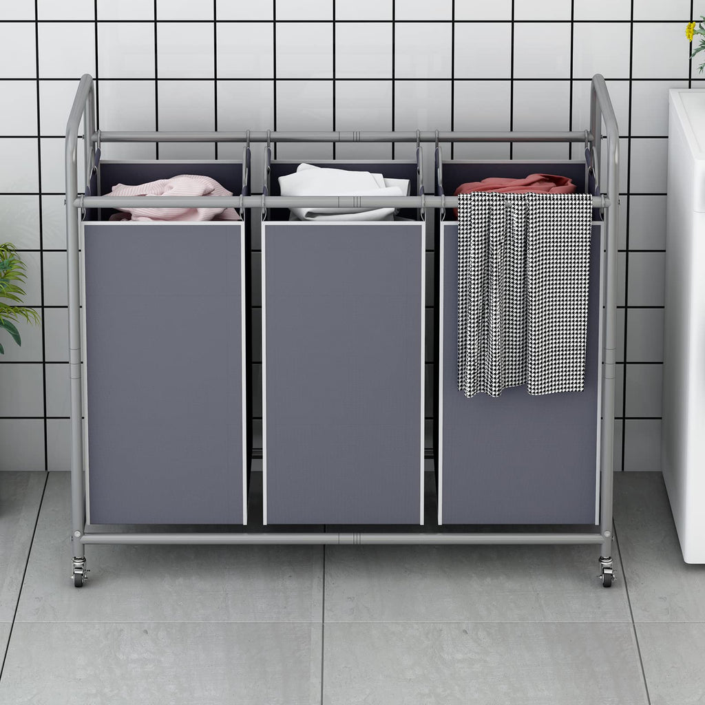 3 Section Laundry Hamper Sorter, Grey Laundry Basket with Wheels