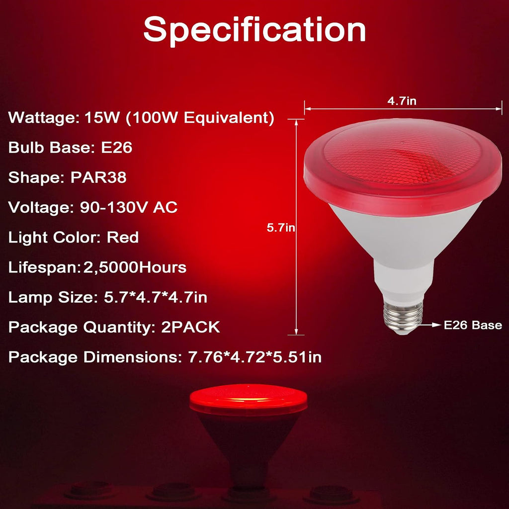 Par38 Red Flood Light Bulb - 15W (100Watt Equivalent) - E26 Base Red LED Flood Lights, Party Decoration