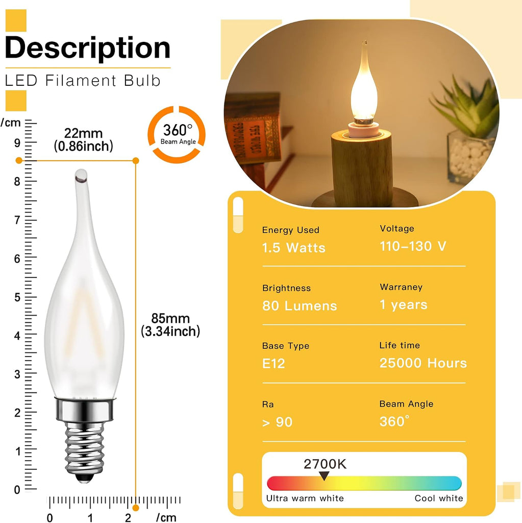Candelabra LED Night Lights Bulbs 15 Watt,E12 Low Wattage,2700K for Decor