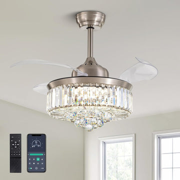 36 Inch Crystal Chandelier Fan, Ceiling Fan with Light and Remote Control, Invisible Retractable Fandelier, Dimmable
