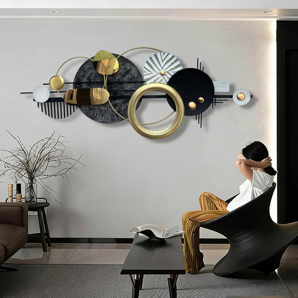 Modern Abstract Metal Wall Art, Gold Black and White Geometric Décor Art Wall Décor, Large 59×24 In 3D Textured Metal